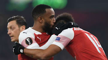 LONDON, ENGLAND - MARCH 14: Pierre-Emerick Aubameyang celebrates scoring Arsenal's 1st goal with Alexandre Lacazette during the UEFA Europa League Round of 16 Second Leg match between Arsenal and Stade Rennais at Emirates Stadium on March 14, 2019 in London, England. (Photo by David Price/Arsenal FC via Getty Images)