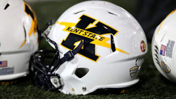 AKRON, OH - NOVEMBER 21: Kent State Golden Flashes helmets on the turf during the fourth quarter of the college football game between the Kent State Golden Flashes and the Akron Zips on November 21, 2017, at Summa Field at InfoCision Stadium in Akron, OH. Akron defeated Kent State 24-14 to win the MAC East Division and advance to the MAC Championship game. (Photo by Frank Jansky/Icon Sportswire via Getty Images)