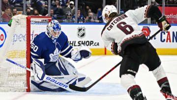 Mar 10, 2022; Toronto, Ontario, CAN; Arizona Coyotes defenseman Jakob Chychrun (6) moves in for a scoring attempt on Toronto Maple Leafs goalie Erik Kallgren (50) in the second period at Scotiabank Arena. Mandatory Credit: Dan Hamilton-USA TODAY Sports