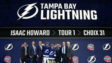 MONTREAL, QUEBEC - JULY 07: Isaac Howard is drafted by the Tampa Bay Lightning during Round One of the 2022 Upper Deck NHL Draft at Bell Centre on July 07, 2022 in Montreal, Quebec, Canada. (Photo by Bruce Bennett/Getty Images)
