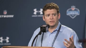 Feb 19, 2015; Indianapolis, IN, USA; Seattle Seahawks general manager John Schneider speaks to the media at the 2015 NFL Combine at Lucas Oil Stadium. Mandatory Credit: Trevor Ruszkowski-USA TODAY Sports