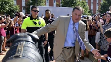 Sep 10, 2016; Starkville, MS, USA; Mississippi State Bulldogs head coach Dan Mullen participates in Dawg Walk before the game against the South Carolina Gamecocks at Davis Wade Stadium. Mandatory Credit: Matt Bush-USA TODAY Sports