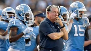 CHAPEL HILL, NORTH CAROLINA - SEPTEMBER 28: Head coach Mack Brown of the North Carolina Tar Heels watches him team play against the Clemson Tigers during the second half of their game at Kenan Stadium on September 28, 2019 in Chapel Hill, North Carolina. Clemson won 21-20. (Photo by Grant Halverson/Getty Images)