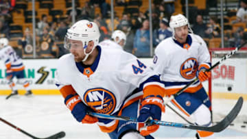 BOSTON, MA - DECEMBER 09: New York Islanders defenseman Calvin De Haan (44) skates during warm up before a game between the Boston Bruins and the New York Islanders on December 9, 2017, at TD Garden in Boston, Massachusetts, The Bruins defeated the Islanders 3-1. (Photo by Fred Kfoury III/Icon Sportswire via Getty Images)