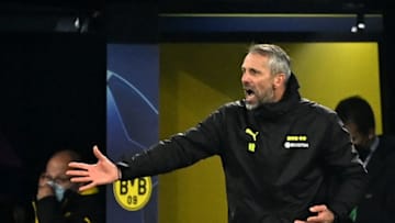 Dortmund's German head-coach Marco Rose reacts during the UEFA Champions League, Group C, football match BVB Borussia Dortmund V Ajax Amsterdam in Dortmund, western Germany on November 3, 2021 (Photo by Ina Fassbender / AFP) (Photo by INA FASSBENDER/AFP via Getty Images)