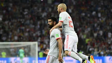Spain's forward David Silva (R) congratulates forward Diego Costa after he scored during the Russia 2018 World Cup Group B football match between Portugal and Spain at the Fisht Stadium in Sochi on June 15, 2018. (Photo by PIERRE-PHILIPPE MARCOU / AFP) / RESTRICTED TO EDITORIAL USE - NO MOBILE PUSH ALERTS/DOWNLOADS (Photo credit should read PIERRE-PHILIPPE MARCOU/AFP/Getty Images)