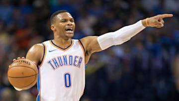 OKLAHOMA CITY, OK - OCTOBER 25: Russell Westbrook #0 of the Oklahoma City Thunder points to his team during a game against the Indiana Pacers at the Chesapeake Energy Arena on October 25, 2017 in Oklahoma City, Oklahoma. NOTE TO USER: User expressly acknowledges and agrees that, by downloading and or using this photograph, User is consenting to the terms and conditions of the Getty Images License Agreement. (Photo by Wesley Hitt/Getty Images)