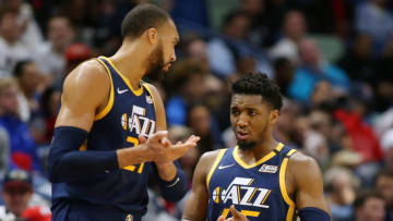 NEW ORLEANS, LOUISIANA - JANUARY 06: Donovan Mitchell #45 of the Utah Jazz and Rudy Gobert #27 talk against the New Orleans Pelicans during a game at the Smoothie King Center on January 06, 2020 in New Orleans, Louisiana. NOTE TO USER: User expressly acknowledges and agrees that, by downloading and or using this Photograph, user is consenting to the terms and conditions of the Getty Images License Agreement. (Photo by Jonathan Bachman/Getty Images)