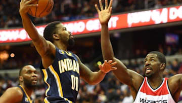 Dec 28, 2016; Washington, DC, USA; Indiana Pacers guard Aaron Brooks (00) shoots over Washington Wizards forward Andrew Nicholson (44) during the first half at Verizon Center. Mandatory Credit: Brad Mills-USA TODAY Sports