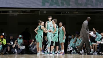 WHITE PLAINS, NY - AUGUST 30: The New York Liberty huddles up against the Connecticut Sun on August 30, 2019 at the Westchester County Center, in White Plains, New York. NOTE TO USER: User expressly acknowledges and agrees that, by downloading and or using this photograph, User is consenting to the terms and conditions of the Getty Images License Agreement. Mandatory Copyright Notice: Copyright 2019 NBAE (Photo by Steve Freeman/NBAE via Getty Images)