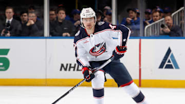 ELMONT, NEW YORK - DECEMBER 29: Marcus Bjork #47 of the Columbus Blue Jackets skates against the New York Islanders at the UBS Arena on December 29, 2022 in Elmont, New York. (Photo by Bruce Bennett/Getty Images)