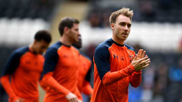 HULL, ENGLAND - MAY 21: Christian Eriksen of Tottenham Hotspur shows appreciation to the fans as he warms up prior to the Premier League match between Hull City and Tottenham Hotspur at the KC Stadium on May 21, 2017 in Hull, England. (Photo by Laurence Griffiths/Getty Images)