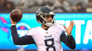 EAST RUTHERFORD, NJ - DECEMBER 16: Marcus Mariota #8 of the Tennessee Titans attempts a pass against the New York Giants at MetLife Stadium on December 16, 2018 in East Rutherford, New Jersey. (Photo by Steven Ryan/Getty Images)