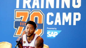 Sep 26, 2016; White Plains, NY, USA; New York Knicks point guard Derrick Rose addresses the media during the New York Knicks Media Day at Ritz-Carlton. Mandatory Credit: Andy Marlin-USA TODAY Sports