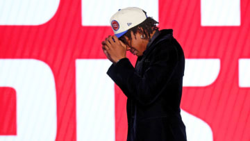 Jaden Ivey (Purdue) reacts after being selected as the number five overall pick by the Detroit Pistons Credit: Brad Penner-USA TODAY Sports