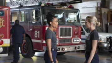 CHICAGO FIRE -- "This Isn't Charity" Episode 704 -- Pictured: (l-r) Annie Ilonzeh as Emily Foster, Kara Killmer as Sylvie Brett -- (Photo by: Adrian Burrows/NBC)