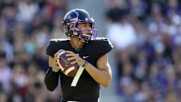Oct 1, 2016; Fort Worth, TX, USA; TCU Horned Frogs quarterback Kenny Hill (7) throws during the first quarter against the Oklahoma Sooners at Amon G. Carter Stadium. Mandatory Credit: Kevin Jairaj-USA TODAY Sports