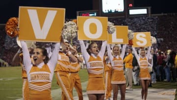 NORMAN, OK - SEPTEMBER 13: Tennessee Volunteers cheerleaders perform during the game against the Oklahoma Sooners September 13, 2014 at Gaylord Family-Oklahoma Memorial Stadium in Norman, Oklahoma. The Sooners defeated the Volunteers 34-10. (Photo by Brett Deering/Getty Images)