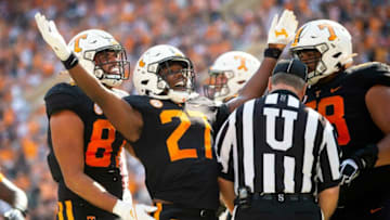 Tennessee running back Len'Neth Whitehead (27) celebrates a touchdown during a NCAA football game between the Tennessee Volunteers and the South Carolina Gamecocks at Neyland Stadium in Knoxville, Tenn. on Saturday, Oct. 9, 2021.Kns Tennessee South Carolina Football Bp