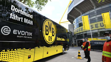 The bus transfering Borussia Dortmund football's team arrives before the German first division Bundesliga football match BVB Borussia Dortmund v Schalke 04 at the Signal Iduna Park on May 16, 2020 in Dortmund, western Germany as the season resumed following a two-month absence due to the novel coronavirus COVID-19 pandemic. (Photo by INA FASSBENDER / AFP) (Photo by INA FASSBENDER/AFP via Getty Images)