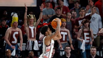 Feb 25, 2023; Starkville, Mississippi, USA; Mississippi State Bulldogs guard Shakeel Moore (3) shoots a three-point field goal during the second half against the Texas A&M Aggies at Humphrey Coliseum. Mandatory Credit: Petre Thomas-USA TODAY Sports