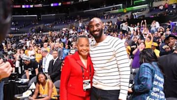 LOS ANGELES, CA - OCTOBER 16: NBA Legend Kobe Bryant and WNBA President Lisa Borders are seen during the game between the Minnesota Lynx and the Los Angeles Sparks during Game Four of the 2016 WNBA Finals on October 16, 2016 at Staples Center in Los Angeles, California. NOTE TO USER: User expressly acknowledges and agrees that, by downloading and/or using this Photograph, user is consenting to the terms and conditions of the Getty Images License Agreement. Mandatory Copyright Notice: Copyright 2016 NBAE (Photo by Andrew D. Bernstein/NBAE via Getty Images)