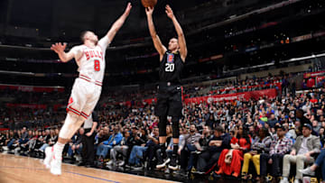 LOS ANGELES, CA - MARCH 15: Landry Shamet #20 of the LA Clippers shoots a three point basket during the game against the Chicago Bulls on March 15, 2019 at STAPLES Center in Los Angeles, California. NOTE TO USER: User expressly acknowledges and agrees that, by downloading and/or using this Photograph, user is consenting to the terms and conditions of the Getty Images License Agreement. Mandatory Copyright Notice: Copyright 2019 NBAE (Photo by Adam Pantozzi/NBAE via Getty Images)