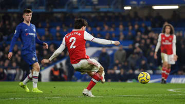 LONDON, ENGLAND - JANUARY 21: Hector Bellerin of Arsenal scores his team's second goal during the Premier League match between Chelsea FC and Arsenal FC at Stamford Bridge on January 21, 2020 in London, United Kingdom. (Photo by Mike Hewitt/Getty Images)