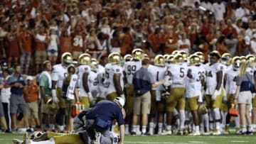 Sep 4, 2016; Austin, TX, USA; Notre Dame Fighting Irish safety Avery Sabastian (8) lays injured during the game against the Texas Longhorns at Darrell K Royal-Texas Memorial Stadium. Mandatory Credit: Kevin Jairaj-USA TODAY Sports