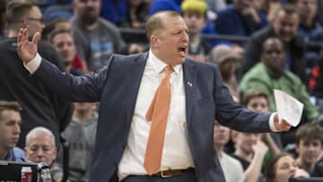 Dec 17, 2016; Minneapolis, MN, USA; Minnesota Timberwolves head coach Tom Thibodeau reacts to a call in the second half against the Houston Rockets at Target Center. The Rockets won 111-109 in overtime. Mandatory Credit: Jesse Johnson-USA TODAY Sports