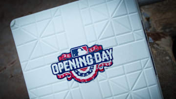KANSAS CITY, MO - APRIL 10: Opening day base during the Kansas City home opening game between the Oakland Athletics and the Kansas City Royals on April 10, 2017 at Kauffman Stadium in Kansas City, Missouri. Athletics defeated the Royals 2-0 (Photo by William Purnell/Icon Sportswire via Getty Images)