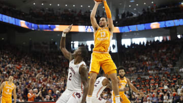 Mar 4, 2023; Auburn, Alabama, USA; Tennessee Volunteers forward Olivier Nkamhoua (13) shoots the ball against the Auburn Tigers during the first half at Neville Arena. Mandatory Credit: John Reed-USA TODAY Sports