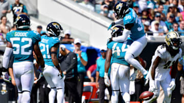 JACKSONVILLE, FLORIDA - OCTOBER 13: Defensive back Ronnie Harrison #36 and middle linebacker Myles Jack #44 of the Jacksonville Jaguars celebrate after Harrison made a stop in the third quarter of the game against the New Orleans Saints at TIAA Bank Field on October 13, 2019 in Jacksonville, Florida. (Photo by Julio Aguilar/Getty Images)