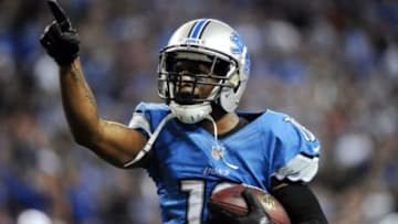 Oct 28, 2012; Detroit, MI, USA; Detroit Lions wide receiver Titus Young (16) celebrates his game winning touchdown during the fourth quarter against the Seattle Seahawks at Ford Field. Detroit won 28-24. Mandatory Credit: Tim Fuller-USA TODAY Sports