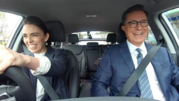 THE LATE SHOW with STEPHEN COLBERT will air a week of shows featuring footage from the host's unprecedented late night trip to New Zealand beginning Monday, Nov. 18 (11:35 PM-12:37 AM, ET/PT) on the CBS Television Network. Pictured (L-R): New Zealand Prime Minister Jacinda Ardern and Stephen Colbert. Photo: Best Possible Best Possible Screengrab/CBS © 2019 CBS Broadcasting, Inc. All Rights Reserved