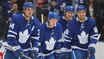 Auston Matthews #34 of the Toronto Maple Leafs heads back to the bench after scoring a goal. (Photo by Claus Andersen/Getty Images)