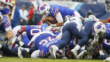 NASHVILLE, TENNESSEE - OCTOBER 06: Quarterback Josh Allen #17 of the Buffalo Bills attempts to gain a yard on fourth and one against the Tennessee Titans during the first half at Nissan Stadium on October 06, 2019 in Nashville, Tennessee. (Photo by Frederick Breedon/Getty Images)
