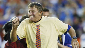 Sep 3, 2016; Gainesville, FL, USA; Former Florida Gators head coach Steve Spurrier reacts to the crowd after being honored at mid field before a football game against the Massachusetts Minutemen at Ben Hill Griffin Stadium. Mandatory Credit: Reinhold Matay-USA TODAY Sports
