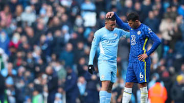 Brazilian internationals Gabriel Jesus of Manchester City and Thiago Silva of Chelsea (Photo by Robbie Jay Barratt - AMA/Getty Images)