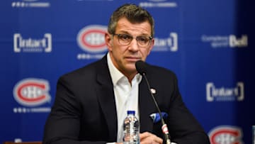 BROSSARD, QC - APRIL 9: Montreal Canadiens General Manager Marc Bergevin listens to journalists questions during the Montreal Canadiens end of season press conference on April 9, 2018, at Bell Sports Complex in Brossard, QC (Photo by David Kirouac/Icon Sportswire via Getty Images)