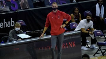Southeast Missouri State Head Coach Brad Korn watches his team take on the University of Evansville Purple Aces at Ford Center in Evansville, Ind., Tuesday, Dec. 15, 2020. The Purple Aces defeated the Redhawks 66-63 in overtime.Ue Bball Vs Semo 32