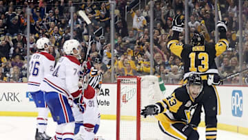 Dec 31, 2016; Pittsburgh, PA, USA; Pittsburgh Penguins left wing Conor Sheary (43) celebrates after scoring a goal against the Montreal Canadiens during the third period at the PPG PAINTS Arena. The Pens won 4-3 in overtime. Mandatory Credit: Charles LeClaire-USA TODAY Sports