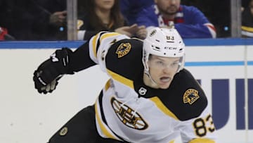 NEW YORK, NEW YORK - FEBRUARY 16: Karson Kuhlman #83 of the Boston Bruins skates against the New York Rangers at Madison Square Garden on February 16, 2020 in New York City. The Bruins defeated the Rangers 3-1. (Photo by Bruce Bennett/Getty Images)