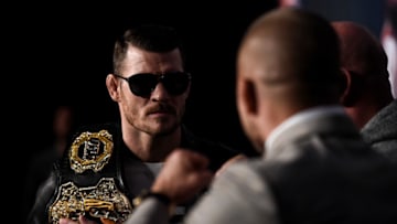 NEW YORK, NY - NOVEMBER 02: (L-R) UFC middleweight champion Michael Bisping of England and Georges St-Pierre of Canada face off during the UFC 217 Press Conference inside Madison Square Garden on November 2, 2017 in New York City. (Photo by Brandon Magnus/Zuffa LLC/Zuffa LLC via Getty Images)