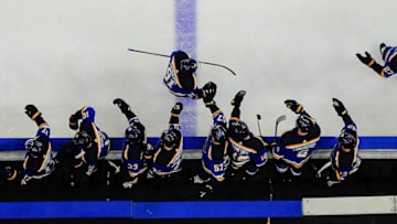 ST. LOUIS, MO - OCTOBER 25: Vladimir Tarasenko #91 of the St. Louis Blues is congratulated by teammates after scoring a goal against the Columbus Blue Jackets at Enterprise Center on October 25, 2018 in St. Louis, Missouri. (Photo by Joe Puetz/NHLI via Getty Images)