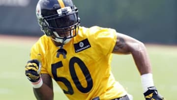 Jun 17, 2014; Pittsburgh, PA, USA; Pittsburgh Steelers linebacker Ryan Shazier (50) participates in drills during minicamp at the UPMC Sports Performance Complex. Mandatory Credit: Charles LeClaire-USA TODAY Sports