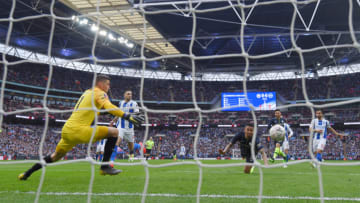 LONDON, ENGLAND - APRIL 06: Gabriel Jesus of Manchester City scores his team's first goal past Mathew Ryan of Brighton and Hove Albion during the FA Cup Semi Final match between Manchester City and Brighton and Hove Albion at Wembley Stadium on April 06, 2019 in London, England. (Photo by Mike Hewitt/Getty Images)