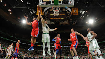 BOSTON, MA - APRIL 30: Justin Anderson #1 of the Philadelphia 76ers grabs the rebound against the Boston Celtics in Game One of the Eastern Conference Semifinals of the 2018 NBA Playoffs on April 30, 2018 at TD Garden in Boston, Massachusetts. NOTE TO USER: User expressly acknowledges and agrees that, by downloading and or using this Photograph, user is consenting to the terms and conditions of the Getty Images License Agreement. Mandatory Copyright Notice: Copyright 2018 NBAE (Photo by Brian Babineau/NBAE via Getty Images)