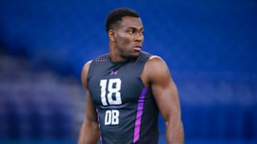 INDIANAPOLIS, IN - MARCH 05: Iowa defensive back Josh Jackson (DB18) is seen during the NFL Scouting Combine at Lucas Oil Stadium on March 5, 2018 in Indianapolis, Indiana. (Photo by Michael Hickey/Getty Images)