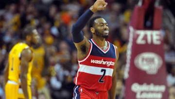 Dec 1, 2015; Cleveland, OH, USA; Washington Wizards guard John Wall (2) celebrates after scroing during the fourth quarter against the Cleveland Cavaliers at Quicken Loans Arena. The Wizards won 97-85. Mandatory Credit: Ken Blaze-USA TODAY Sports